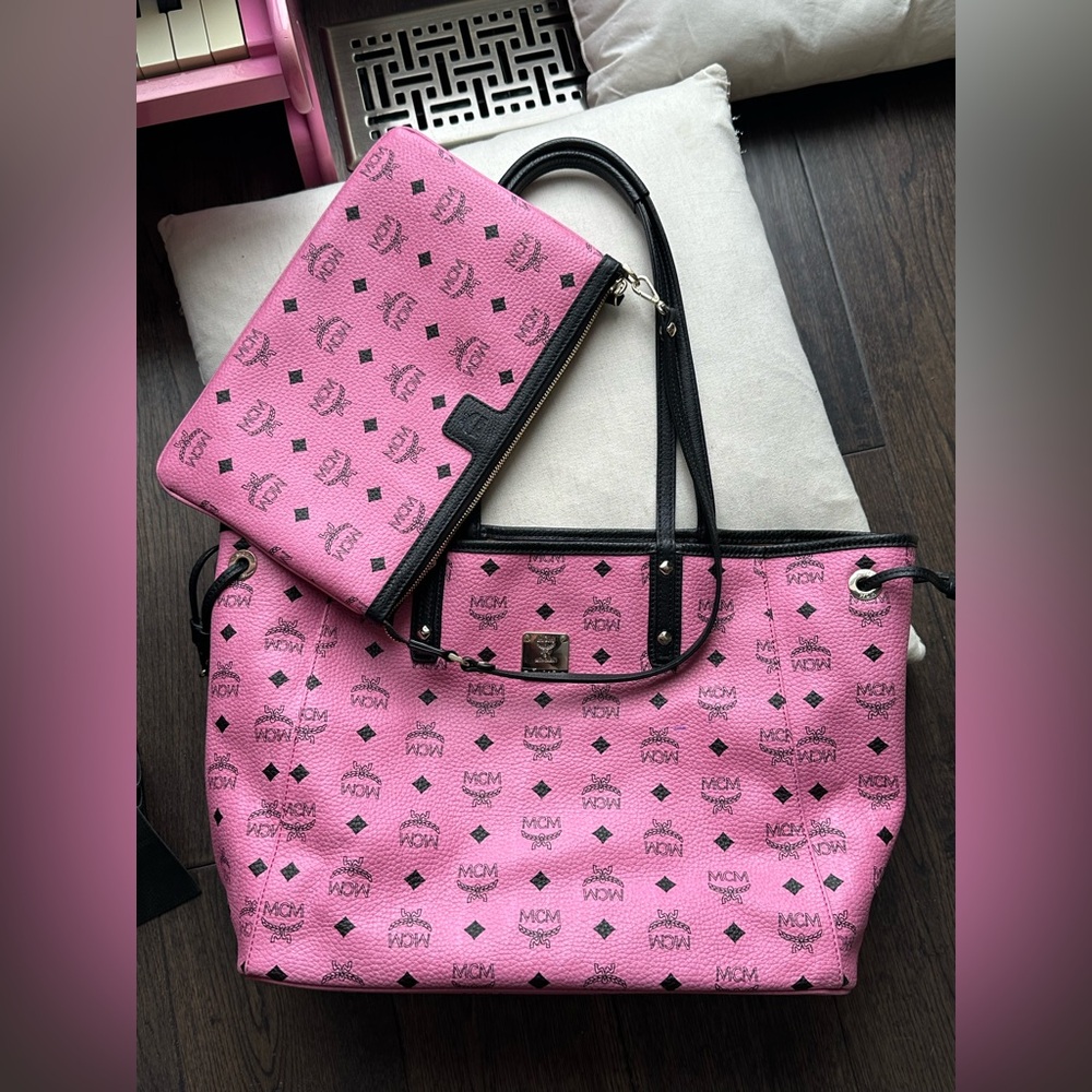 MCM Visetos Liz Reversible Pink Coated Canvas Shopper Tote Shoulder bag Handbag